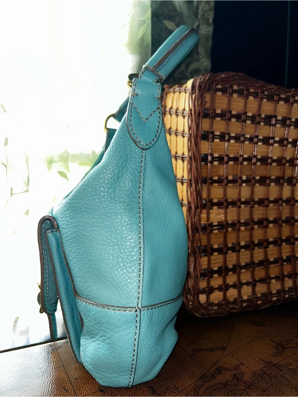 Vintage Fossil Teal Blue Pebbled Leather Shoulder Hobo Bag